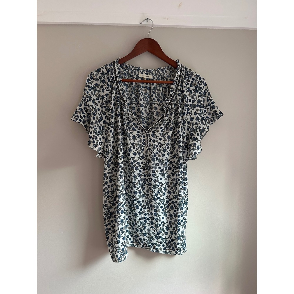 Max Studio Flutter Sleeve Blouse Womens 2X Blue Floral EUC Airy Ruffle Top